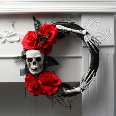 Scary Item Skull Red Rose Ghost Hand Wreath for Halloween Party Gift