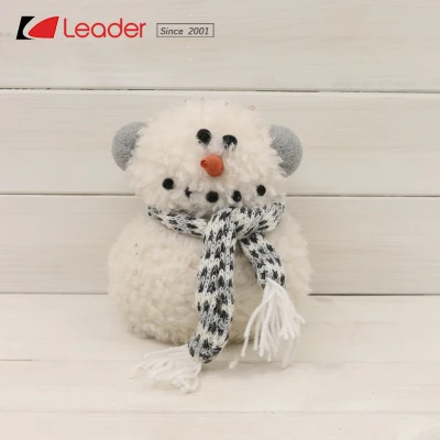 Customized Lovely Christmas Fabric Sitting Snowman Figurinein with Knitted Black-Dotted Scarf, Fabric Crafts for Table Decoration and Holiday Gifts