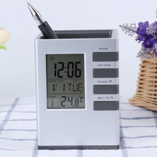 Multi-Functional Clock Pencil Holder Digital Alarm Clock Temperature Display for Sale
